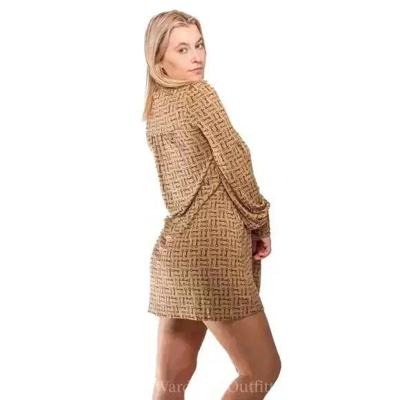 Juicy Couture Brown Silk Key Print Mock Collared Long Sleeve Mini Dress - S - Picture 4 of 9